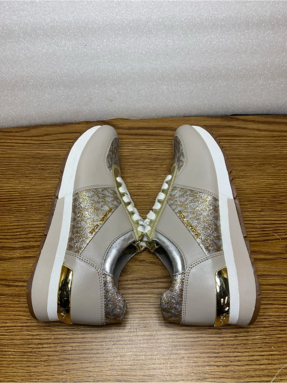 Michael Kors Allie Wrap Trainer Sneakers leather Metallic silver gold Womens 8.5